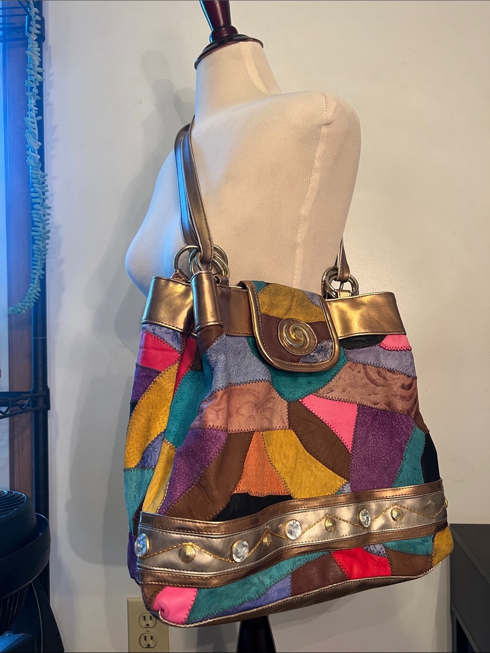 90s Retro Multicolor Patchwork Suede Tote Bag with Gold Metallic Trim